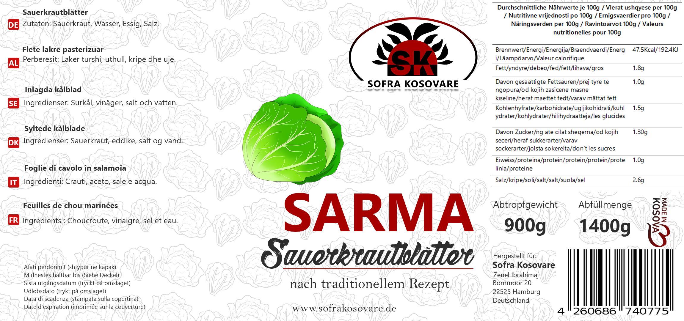 SK Sarma Sauerkrautblätter 1500g Glas Tegull